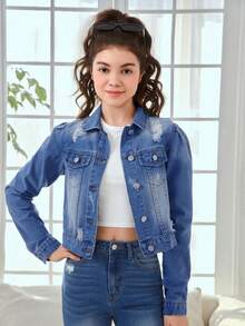 SHEIN 青少年女孩翻領單排扣破洞袖口休閒百搭日常牛仔外套 - 中等水洗藍 - 查看 2