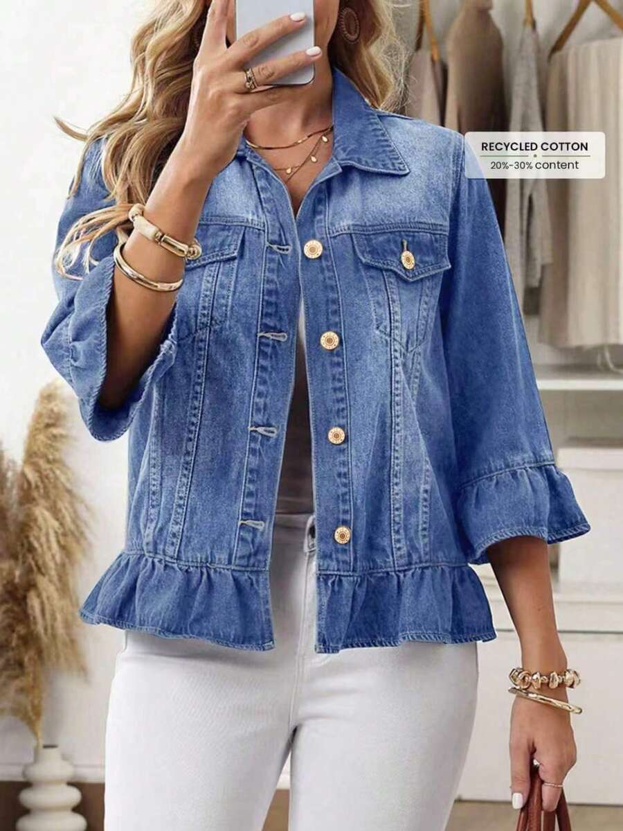 EMERY ROSE Chaqueta de mezclilla casual de talla grande para mujer con puños con volantes y abotonadura sencilla - Azul - Ver 1
