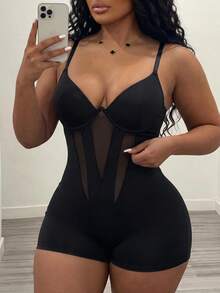 Slaydiva Plus Size Women's Mesh Patchwork Sexy Casual Outing Camisole Romper - Black - View 4