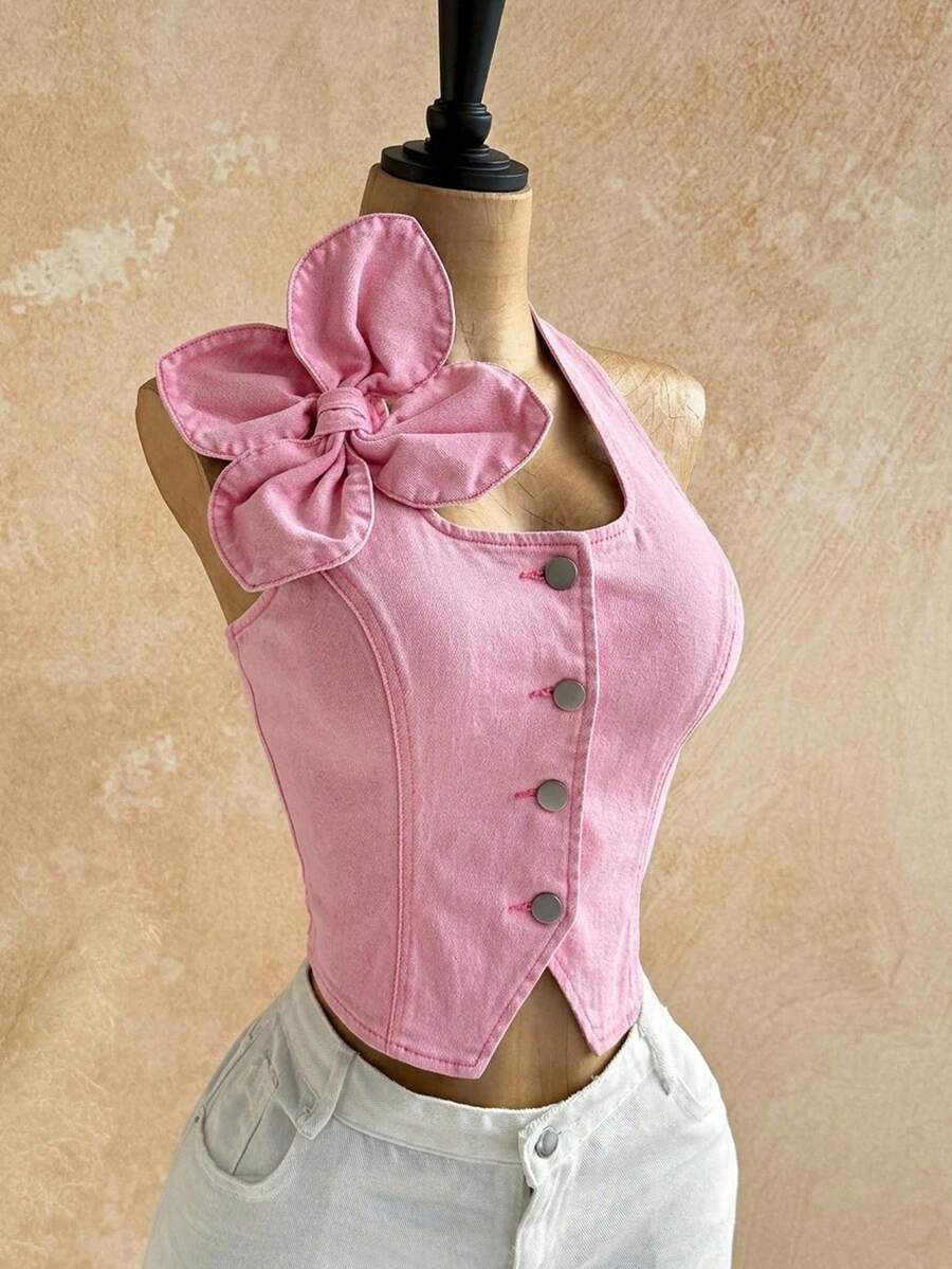 Soleia 女款3D花朵裝飾掛脖前扣牛仔上衣 - 粉色 - 查看 1