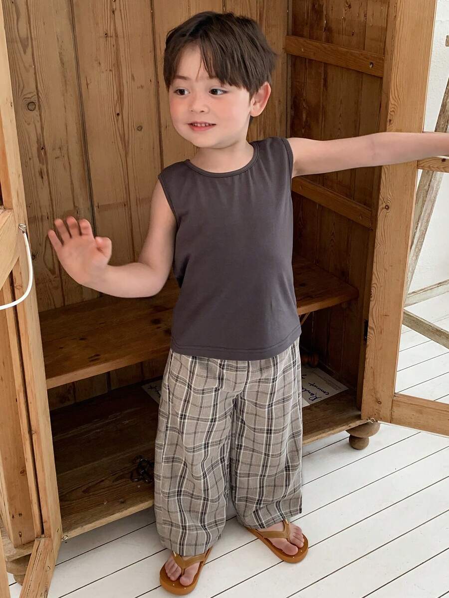 DAZY 嬰兒/幼兒(男童)圓領素色休閒T恤與格紋長褲2件套 夏季 - 灰色 - 查看 1