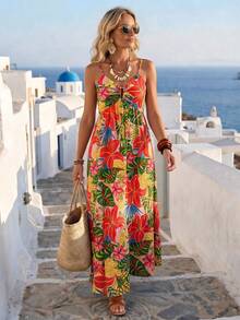 Ceyna Damen Sommerurlaub Cami Kleid in Großen Größen, Tropisches Muster Cami Kleid, Bohemian Stil Buntes Blumenkleid, Hohe Taille Schlankmachendes Rückenfreies Tropisches Blumenkleid - Verschiedenfarbig - Übersicht 2
