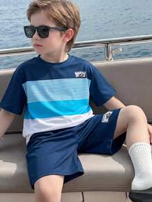 SHEIN 2pcs Kids Tween Boy Casual Comfortable Fashionable Minimalist Crew Neck Short Sleeve T-Shirt And Shorts Set, Classic Cool Striped Pattern Print, Color Block Pattern Print, Exquisite Palm Tree Small Logo Pattern Print, Suitable For Spring And Summer - White - View 5