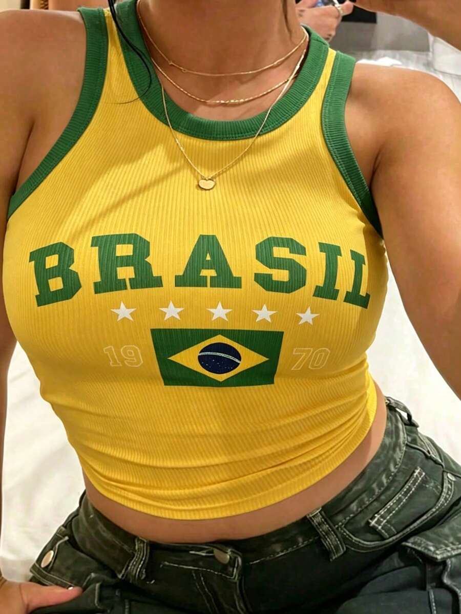 Rovax Women's Summer Casual Brazilian Print Tank Top - Yellow - View 1