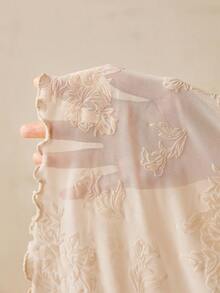 Freevana Women's Plus Size Long Sleeve Sheer T-Shirt, White Sequin Flocked Lace Knit Top, Slim Fit, Ruffle, Elegant Boho Western Casual Autumn Tea Party - Apricot - View 8