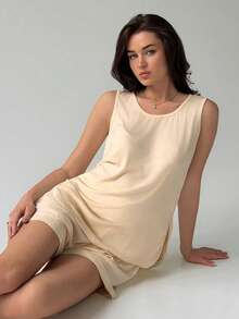 Livesso Conjunto de ropa de estar en casa de mujer con top de tirantes de cuello redondo y shorts de color liso, pijama de verano - Naranja Coral - Ver 1