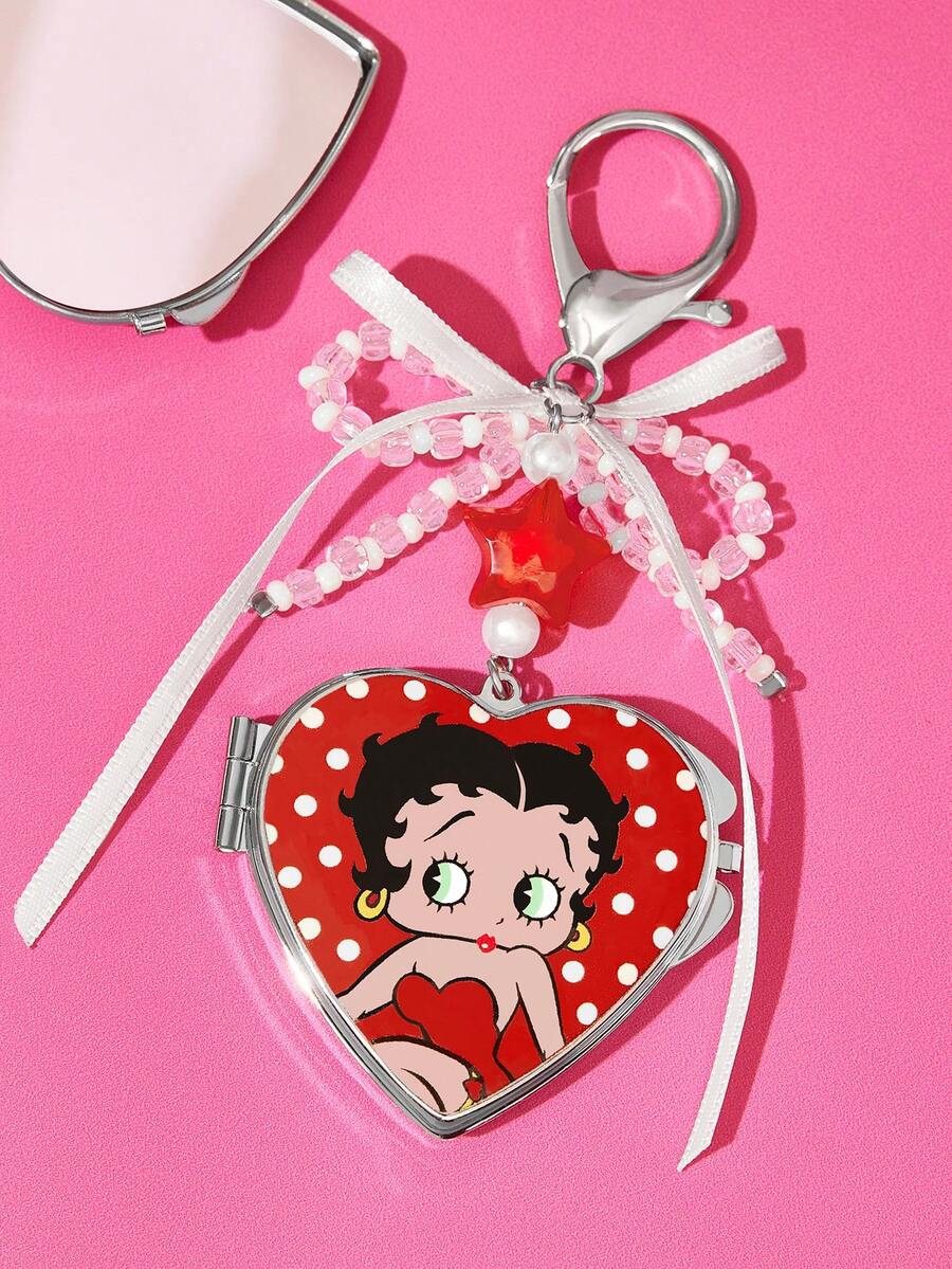 Betty Boop x SHEIN 時尚鋅合金銀色鑰匙圈 奢華精緻包包吊飾 仿珍珠吊墜 心形掛鉤 紀念品收藏品 適用於禮物、錢包、書包、背包、汽車配件 - 彩色 - 查看 1