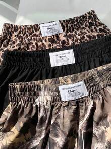 SHEIN EZwear Pantalones cortos casuales de talla grande, de unicolor, estampado de leopardo y gráfico, multicolor - Multicolor - Ver 5