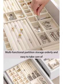 6/7/8/9pcs/Set Beige Jewelry Tray Set, Stackable Jewelry Storage Organizer, Velvet Jewelry Display Tray, Drawers Jewelry Box, Multi-Compartment Jewelry Storage Case, Large Capacity, Multi-Size, Removable, Suitable For Necklace, Earring, Ring, - Multicolor - View 3