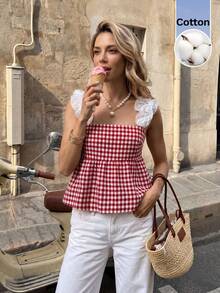 Serisse Blusa de tirantes con volantes y dobladillo con volantes a cuadros para mujer - Rojo y blanco - Ver 2