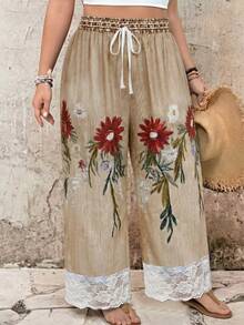 SHEIN LUNE CURVE Pantalones de pierna ancha con estampado floral y parches de encaje para tallas grandes - Caqui - Ver 4