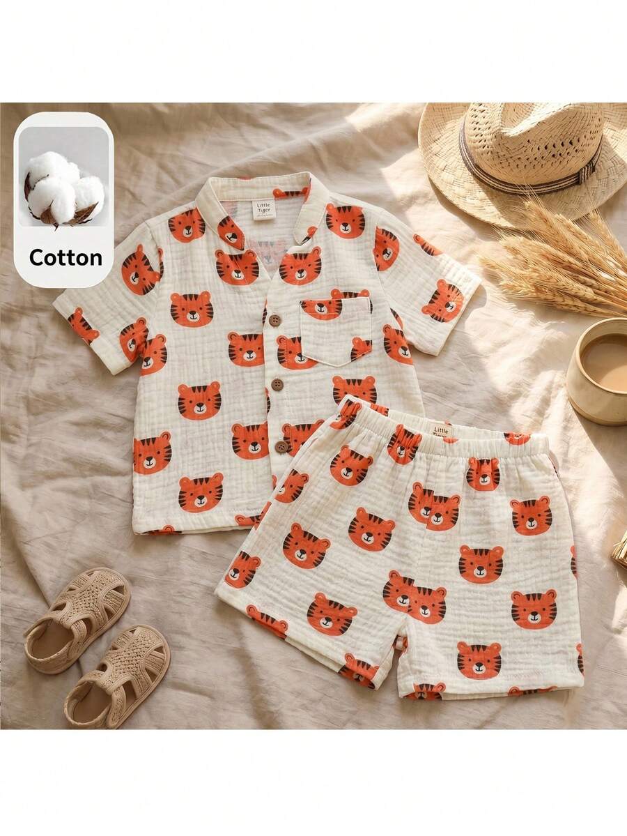Loomiva Baby Boy Contrast Color Little Tiger Cartoon Pattern Round Neck Short Sleeve Button-Up Top And Elastic Waist Shorts 2-Piece Set - Apricot - View 1