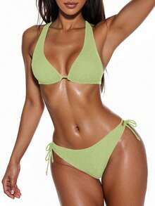 Swim Vcay Women's Summer Beach Solid Color Halter Bikini Set - Mist Green - View 3