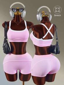 Amplova Damen Farbblock BH und Shorts Sport Set - Pink - Übersicht 1