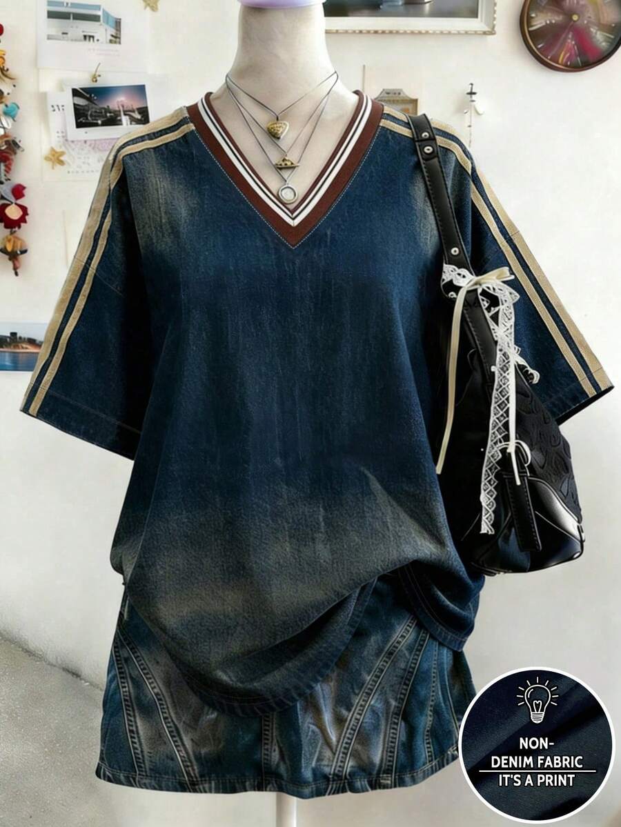 Lalippa 女款V領寬鬆T恤，復古藍色T恤，條紋印花圖案，夏季出遊上衣，圖案設計，高級質感，休閒百搭，日常穿著，戶外，購物，旅行戶外穿著 - 彩色 - 查看 1