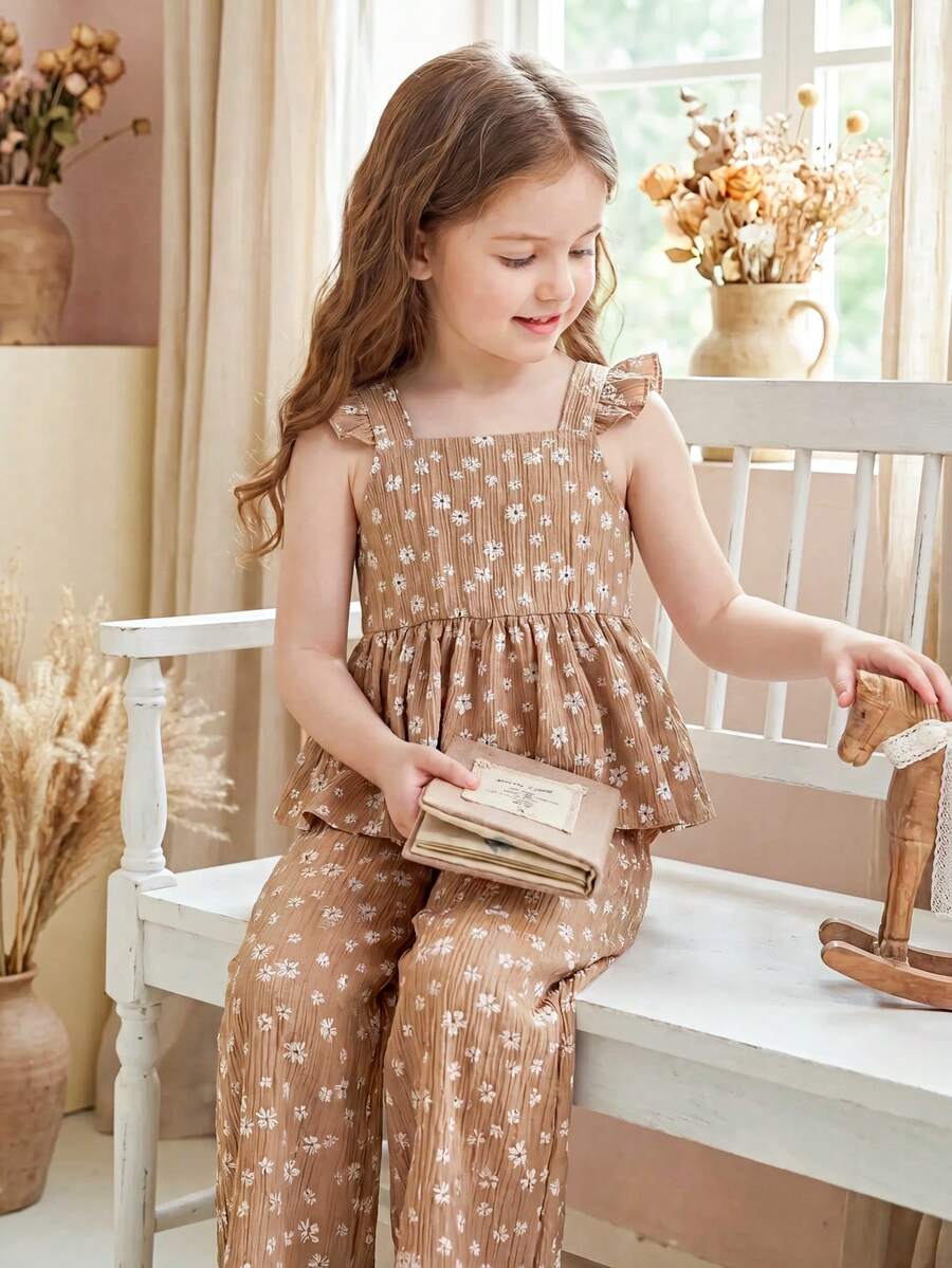 SHEIN Vintaside Kids 少女雛菊圖案荷葉袖上衣與長褲可愛兩件套