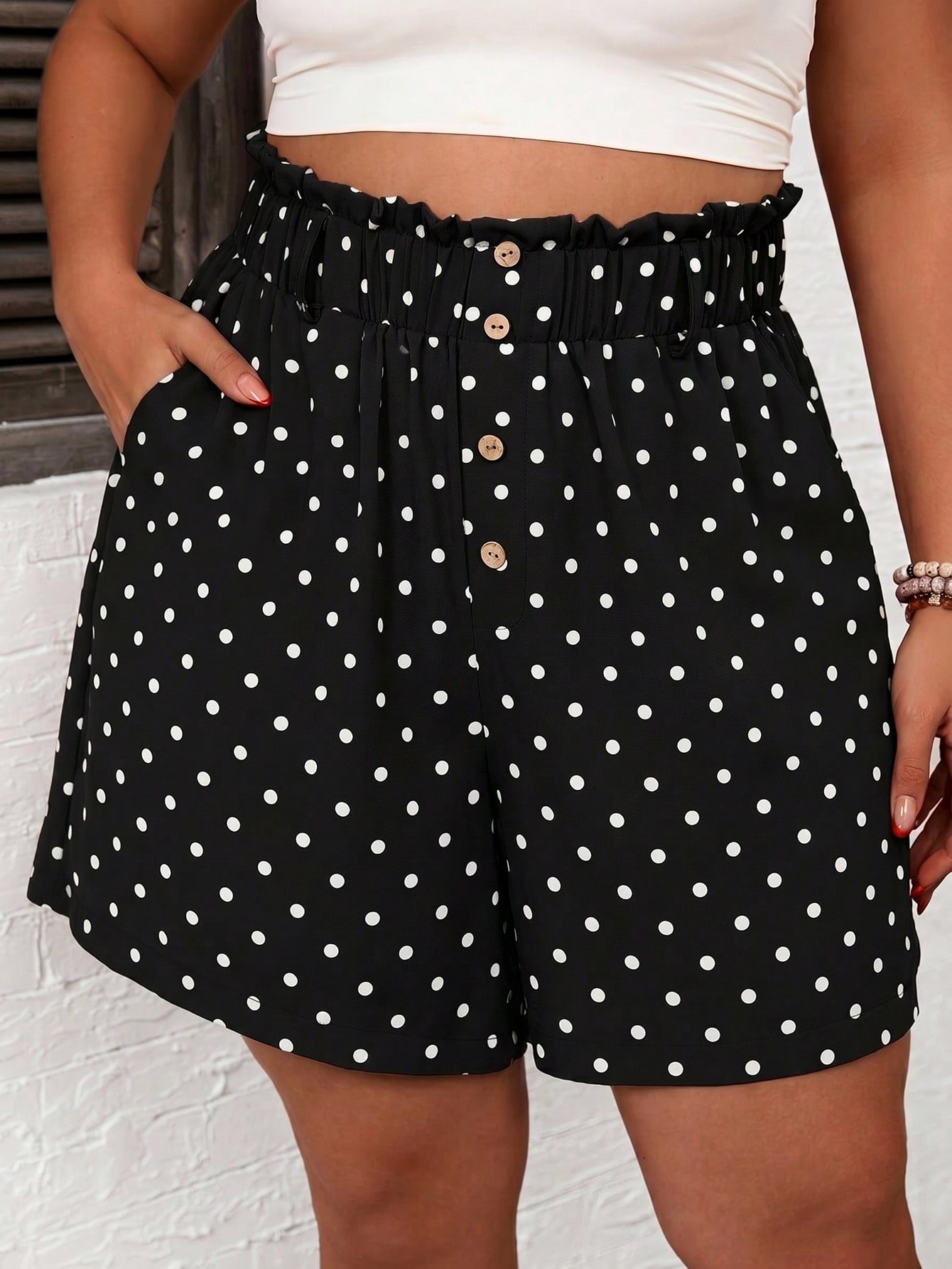 Comfylo Plus Size Women's Polka Dot Pattern Casual Versatile Shorts With Pockets And Button Front — photo 6