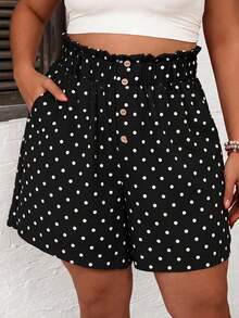 Comfylo Plus Size Women's Polka Dot Pattern Casual Versatile Shorts With Pockets And Button Front - Black - View 2