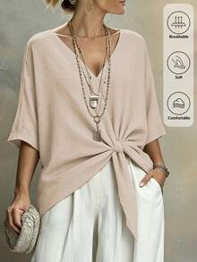 Weeklong Plus Size Casual Vacation Loose Hem V-Neck Short Shirt Beach Apricot Summer - Khaki - View 1