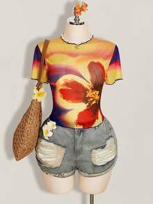 SHEIN ICON 女款大尺碼圓領短袖印花上衣 奶油黃 夏季海灘度假 性感 Filipiniana 風格 飄逸 - 彩色 - 查看 6