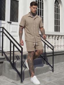 Manfinity CasualCool Men's Solid Color Single-Breasted Short Sleeve Shirt And Shorts Casual Daily 2 Pieces Set - Multicolor - View 6