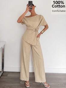 Siren Gaze Luxury Elegant Cotton Set Khaki Asymmetric Neck Short Sleeve Shirt Long Pants 2 Pieces Sets Women Summer Office Date Vacation Everyday Casual Outfits - Khaki - View 3