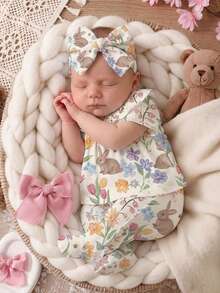 SHEIN 3pcs/Set Spring/Summer Newborn Baby Girl Loungewear Set, Apricot Color, Cute Ditsy Floral & Rabbit - White - View 1