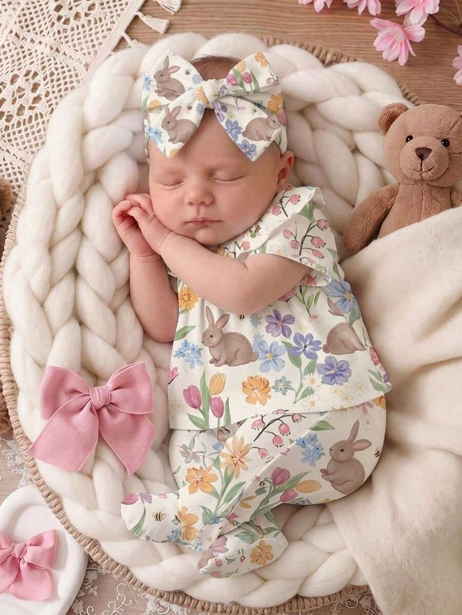 SHEIN 3pcs/Set Spring/Summer Newborn Baby Girl Loungewear Set, Apricot Color, Cute Ditsy Floral & Rabbit - White - View 1