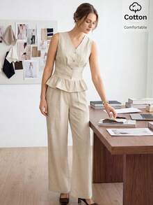 Easowa Women's Single-Breasted Ruffle Hem Vest Smart Casual Sexy French Elegant Business Loose Pocket Wide Leg Pants 2 Pieces Set Office Light Beige Summer - Khaki - View 5