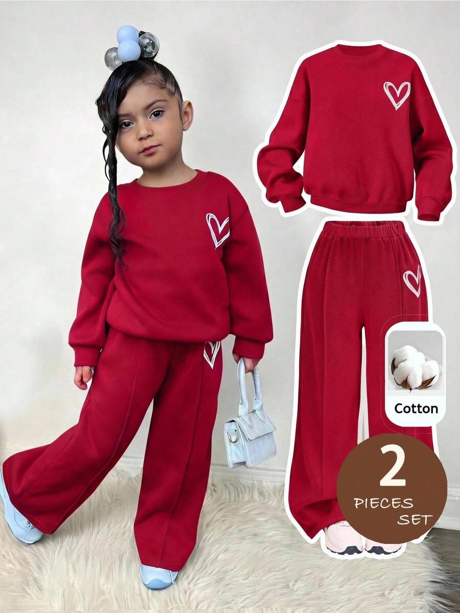 SHEIN Young Girl Knit Solid Color Heart Pattern Crew Neck Sweatshirt And Long Pants 2pcs Set - Red - View 1