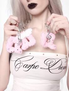 ROMWE Kawaii 1個甜粉色星星音符翅膀水鑽吉他魚蛋糕DIY鑰匙圈包包掛飾，適合女性與女孩日常配戴，節日禮物 - 粉色 - 查看 18