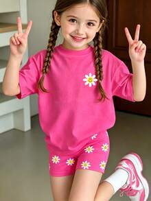 2pcs Young Girl Casual Set, Daisy Face Print Crew Neck Short Sleeve Top With Matching Elastic Waist Shorts, Suitable For Outings, Shopping And Daily Wear In Spring And Summer - Multicolor - View 1