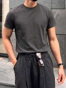 DAZY Men's Casual Solid Color Round Neck Short Sleeve T-Shirt, Summer - Grey - View 4