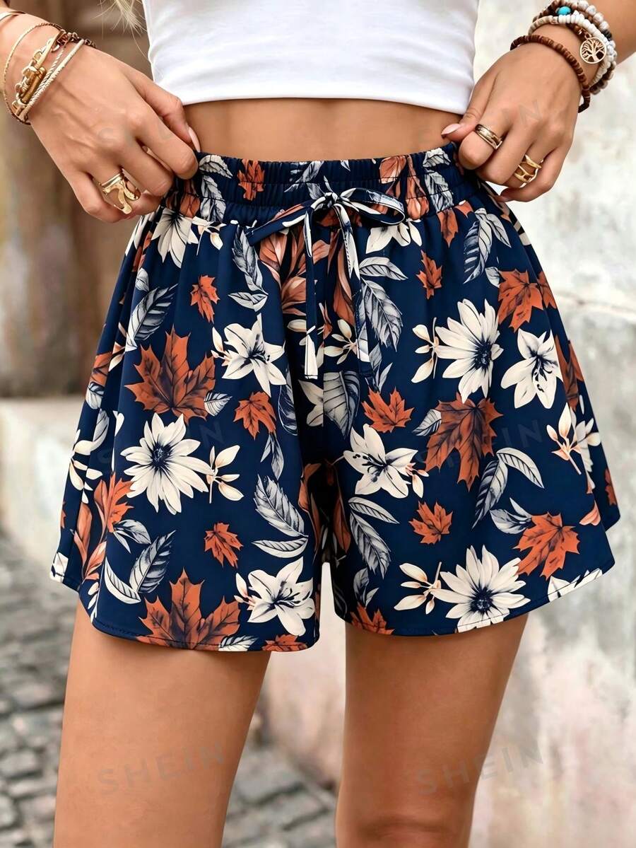 SHEIN Holidaya 女款花卉印花抽繩腰身休閒百搭日常外出短褲 - 藏蓝色 - 查看 1