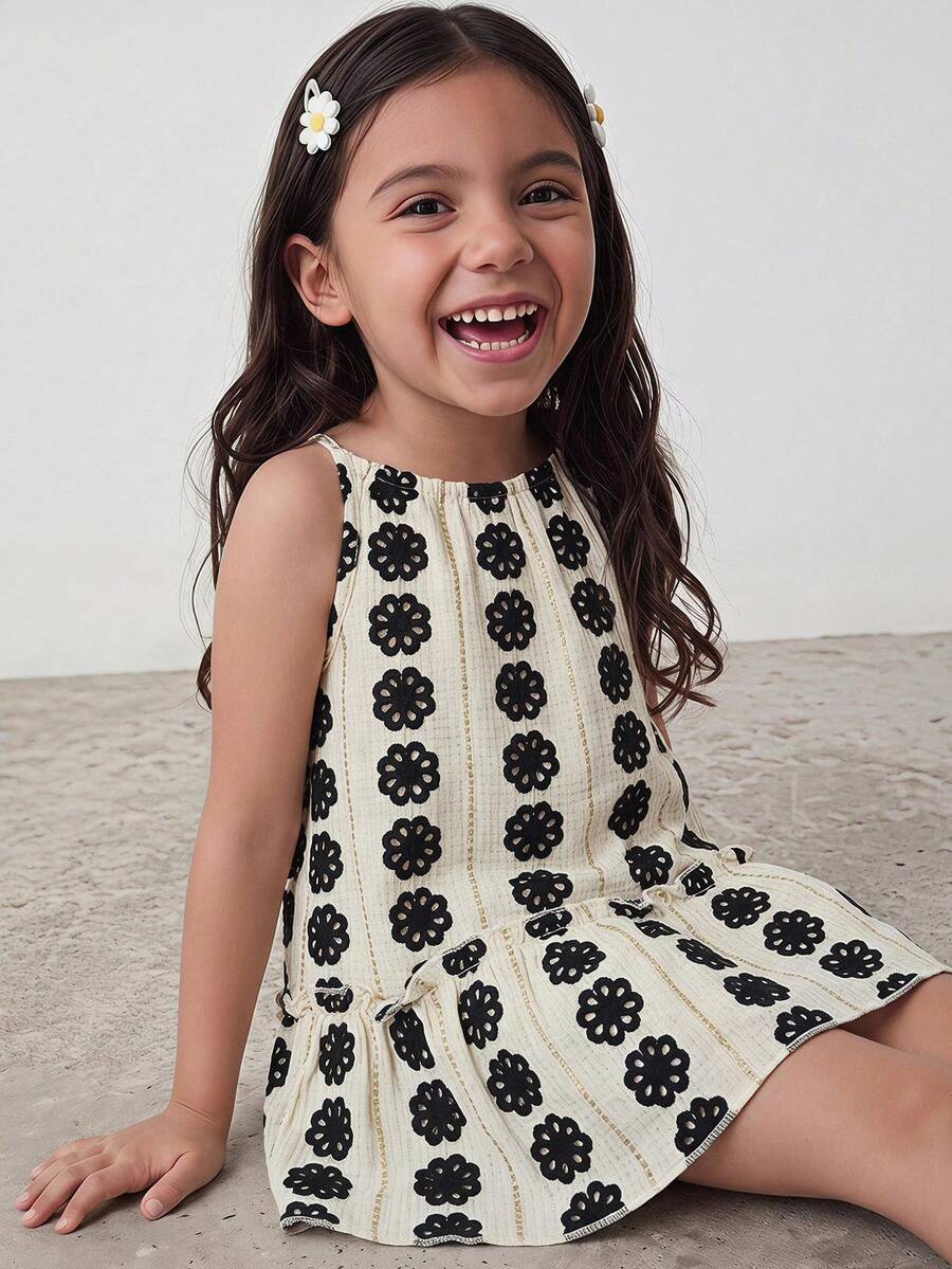 Maija Kids Maija Kids 1pc Kids/Young Girls Black Summer Matching Family Vacation Elegant Casual Floral Pattern Loose Ruffled Hem Camisole Dress,Comfortable Woven Outings - Black and White - View 1