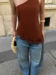 Firerie Spring/Summer New Minimalist Elegant Vacation Streetwear Apricot Linen One-Shoulder Backless Waist Ruched Asymmetric Hem Top - Brown - View 4