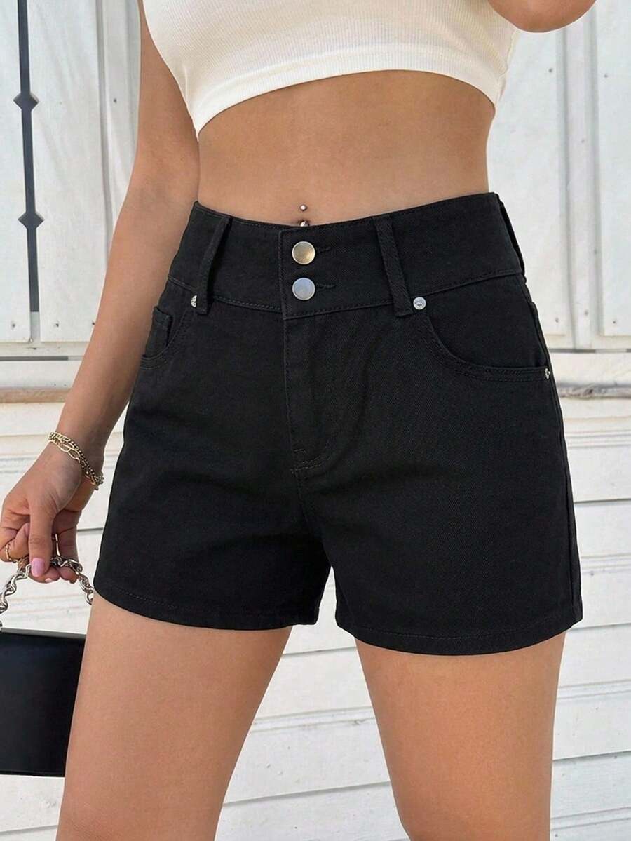 SHEIN 100%纯棉低腰双扣双袢细节迷你牛仔短裤 - 黑色 - 查看 1