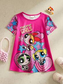 THE POWERPUFF GIRLS X SHEIN 女婴圆领短袖可爱卡通夏季连衣裙 - 粉色 - 查看 6