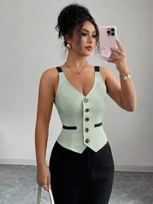Selianne 女款拼色單排扣休閒百搭日常外出上衣 - 綠色 - 查看 1