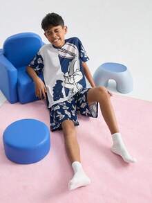 LOONEY TUNES X SHEIN 青少年男孩卡通兔子印花休闲短袖 T 恤和短裤舒适睡衣套装 - 彩色 - 查看 3