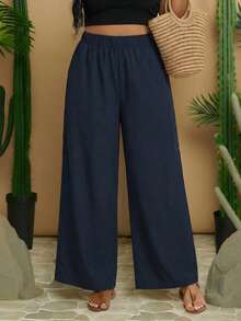 Travachic Plus Size Women Solid Color Loose High Waist Wide Leg Casual Pants - Navy Blue - View 7