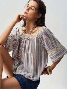 Bohemela Camisa holgada de mujer con volantes, patchwork de cinta tejida y unicolor casual - Albaricoque - Ver 1