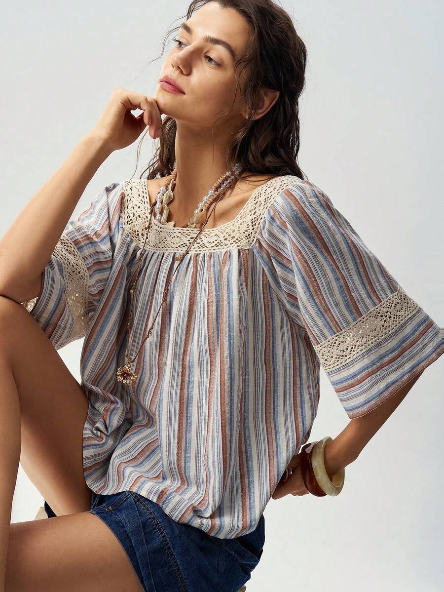 Bohemela Camisa holgada de mujer con volantes, patchwork de cinta tejida y unicolor casual - Albaricoque - Ver 1
