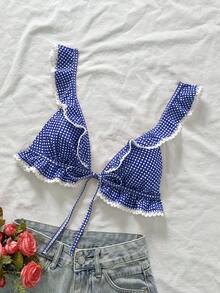 Swim Mod 女款夏季海灘甜美可愛格紋印花荷葉邊白色蕾絲飾邊休閒度假泳裝上衣 - 藏蓝色 - 查看 3