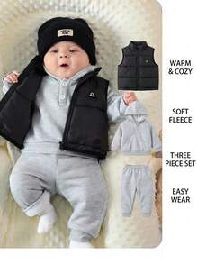 SHEIN 新生兒嬰兒3件套：連帽長袖套頭衛衣、冬季長褲、無袖背心 - 彩色 - 查看 1