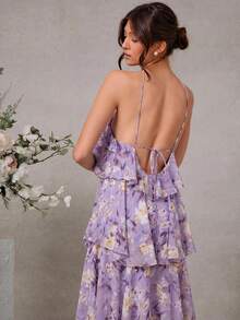 L'Amorae Elegant Romantic Wedding Guest Solid Halter Tiered Chiffon Maxi Dress - Purple - View 5