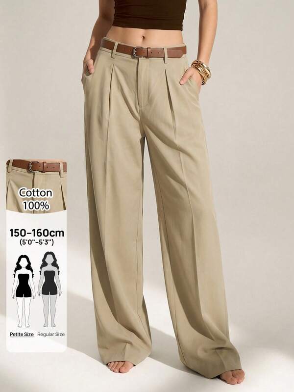 SHEIN PETITE Quần tây suit màu kaki cao cấp cho mùa xuân/hè: thanh lịch, thoải mái và hoàn hảo cho phong cách đi nghỉ dưỡng. Thời trang, đa năng, tinh tế, lấy cảm hứng vintage và phù hợp cho cả đi làm lẫn đi chơi.