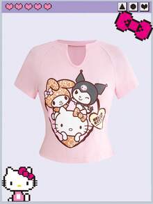 HELLO KITTY AND FRIENDS | ROMWE 女款 IP 聯名百搭百搭 V 領修身短版 T-Shirt - 粉色 - 查看 1