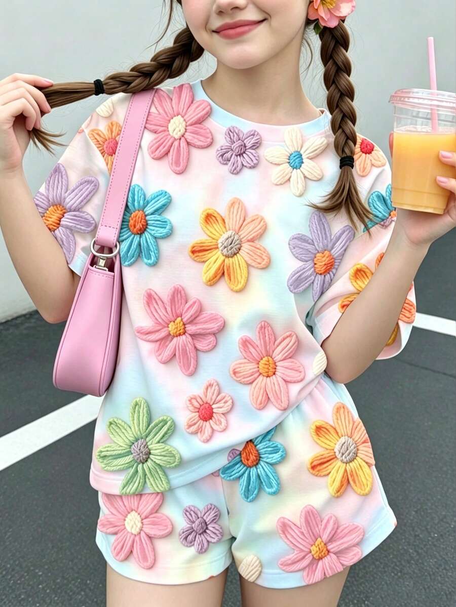 兒童青少年女孩休閒簡約可愛紋理碎花、繫帶、復古風、花卉田園風短袖短褲兩件套,適合夏季 - 彩色 - 查看 1