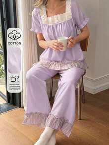 DAZY Conjunto de pijama de mujer de 2 piezas con volantes dulces, encaje bordado, patchwork y mangas de pétalo para verano - Morado - Ver 1